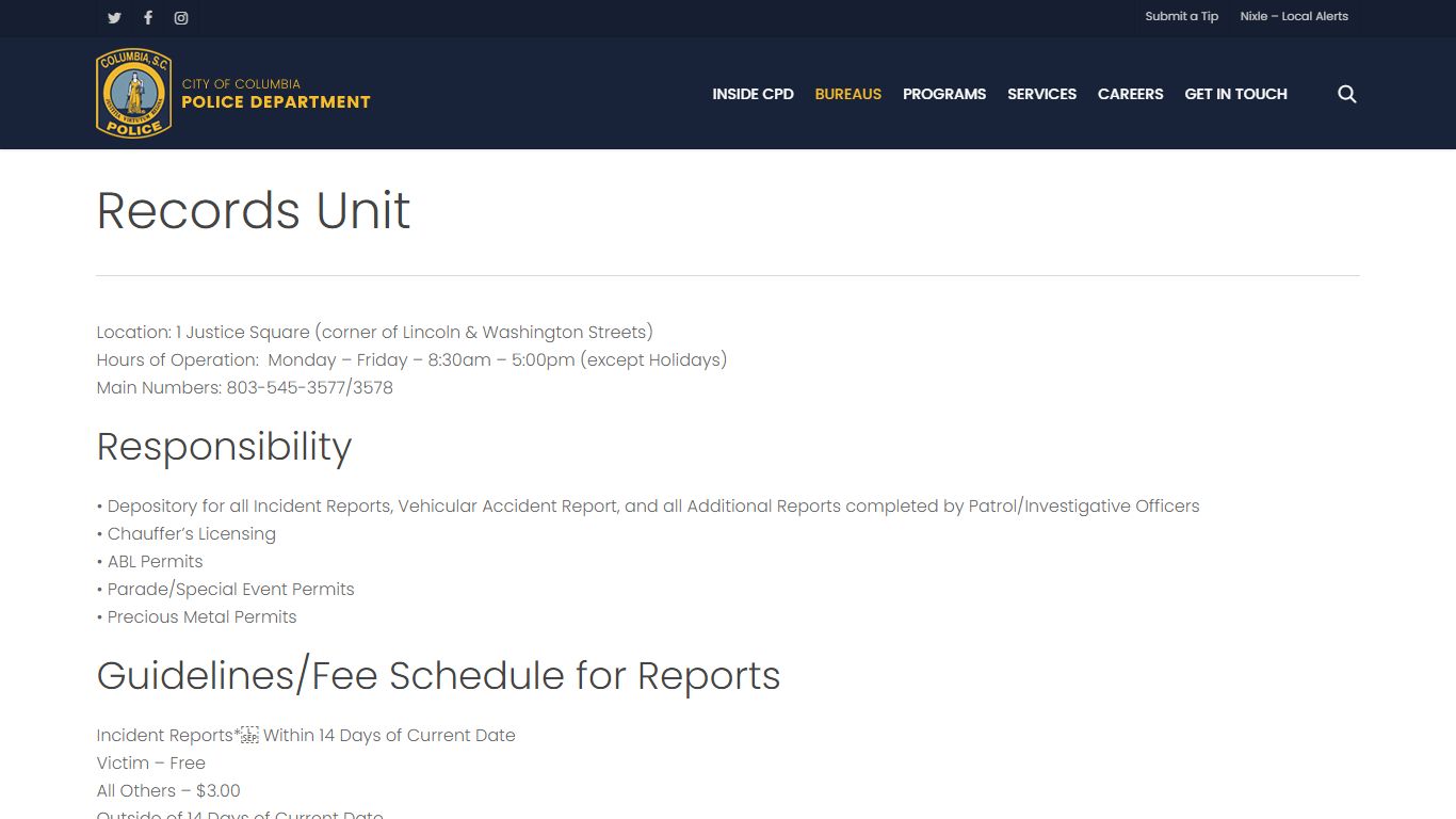 Records Unit – City of Columbia Police Department
